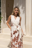 Kailah Brown Tropical Sleeveless Wrap Maxi Dress