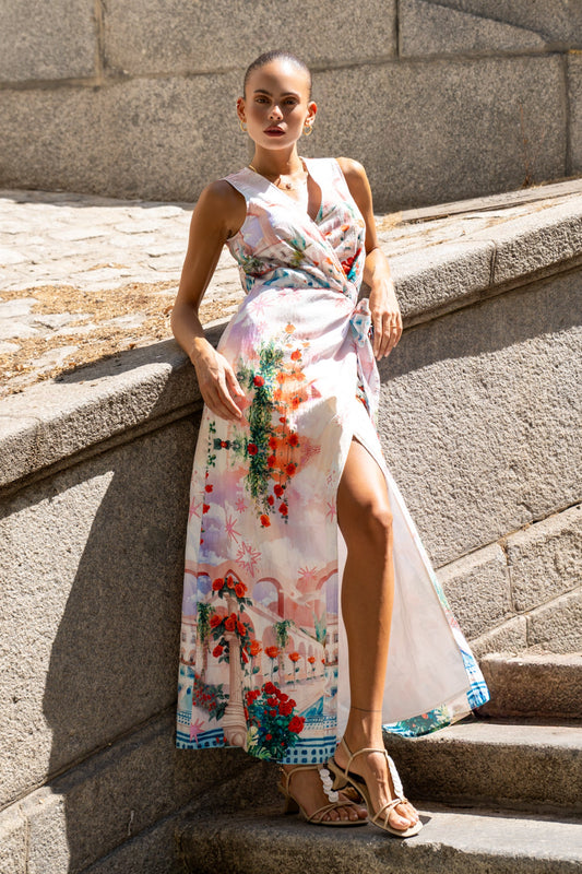 Lelia Multicolour Abstract Sleeveless Wrap Maxi Dress