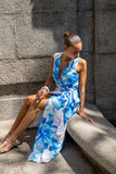 Aiselle Blue Floral Sleeveless Wrap Maxi Dress