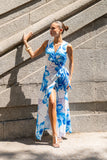 Aiselle Blue Floral Sleeveless Wrap Maxi Dress