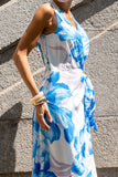 Aiselle Blue Floral Sleeveless Wrap Maxi Dress
