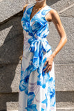 Aiselle Blue Floral Sleeveless Wrap Maxi Dress